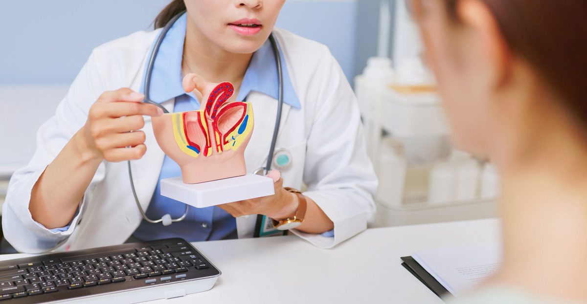 Female-doctor-at-a-desk-with-urinary-system-model